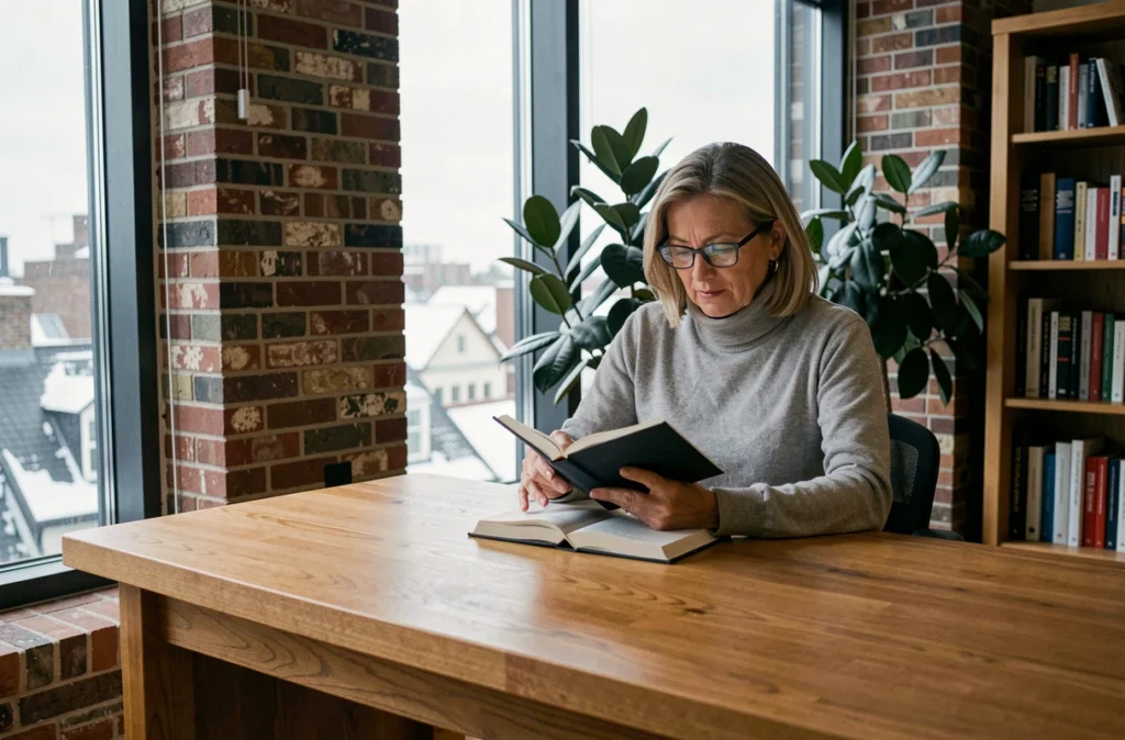 Femme lisant dans un bureau à domicile lumineux face à une grande fenêtre hivernale, entourée de plantes vertes et d'une vue sur les toits enneigés