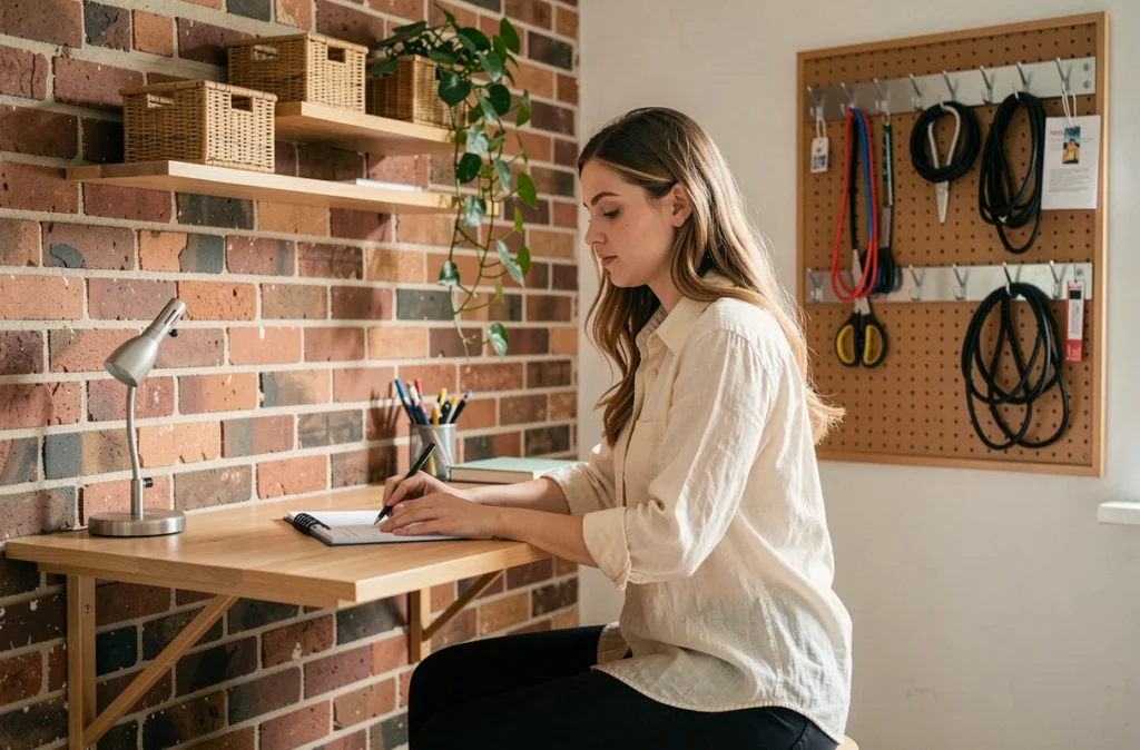 Jeune femme travaillant à un bureau mural rabattable dans un studio avec étagères flottantes et tableau perforé