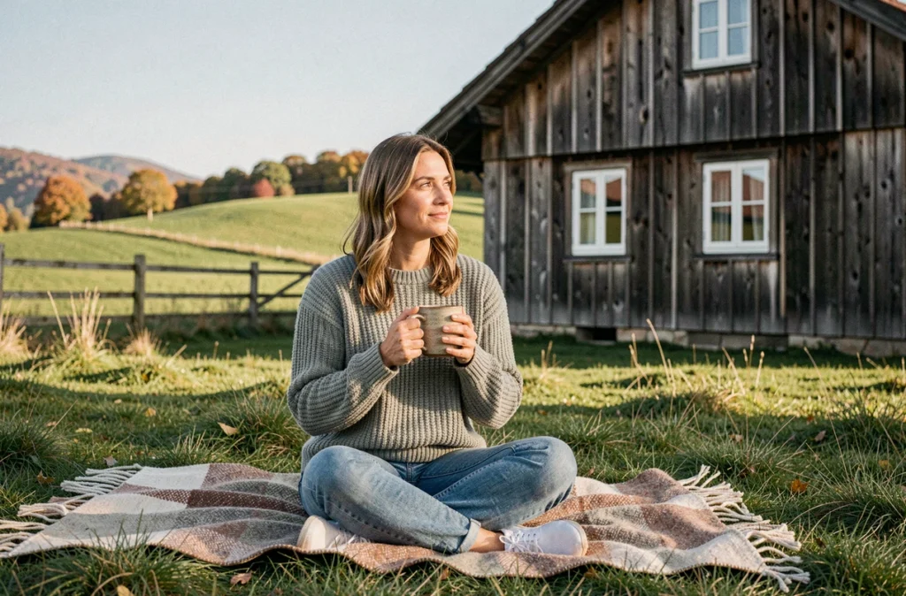 Femme se relaxant devant un chalet de campagne avec vue sur des collines verdoyantes en automne
