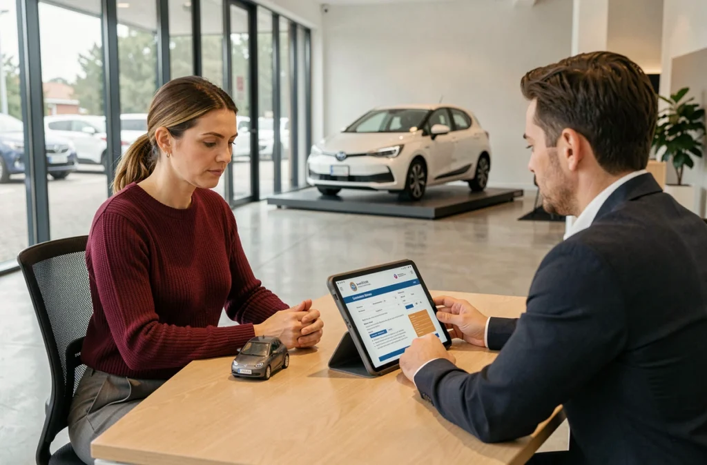 Femme et conseiller commercial discutant de la prime à la conversion sur tablette dans un showroom automobile