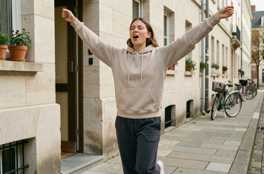 Jeune femme sortant de son appartement le matin pour une marche quotidienne bénéfique au sommeil