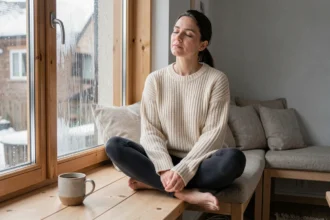 Femme détendue assise près d'une fenêtre hivernale baignée de lumière naturelle diffuse dans un intérieur scandinave chaleureux