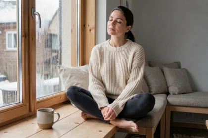 Femme détendue assise près d'une fenêtre hivernale baignée de lumière naturelle diffuse dans un intérieur scandinave chaleureux