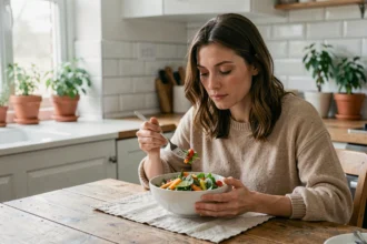 Femme mangeant lentement une salade fraîche à table pour favoriser une bonne digestion