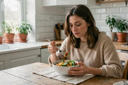 Femme mangeant lentement une salade fraîche à table pour favoriser une bonne digestion