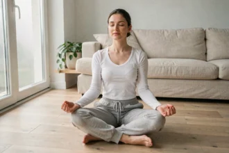 Femme pratiquant la méditation assise en tailleur sur un parquet en bois dans un salon minimaliste scandinave, les yeux fermés et l'expression sereine