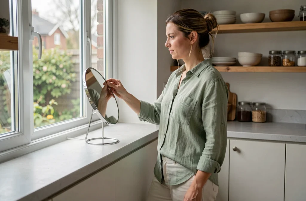 Femme ajustant un miroir sur le rebord d'une fenêtre de cuisine pour optimiser la lumière naturelle