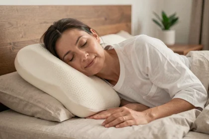 Femme dormant sur le côté avec un oreiller ergonomique en mousse à mémoire de forme pour prévenir les douleurs cervicales