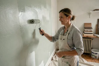 Femme appliquant une peinture écologique vert sauge sur un mur de salon en cours de rénovation