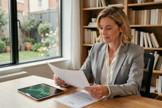 Femme consulte des documents de placements responsables dans un bureau moderne