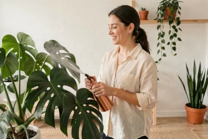 Femme arrosant un monstera dans un salon scandinave entouré de plantes d'intérieur purificatrices d'air