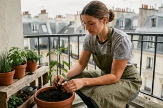 Femme installant un potager urbain sur son balcon en rempotant des plants de tomates dans des jardinières en terre cuite
