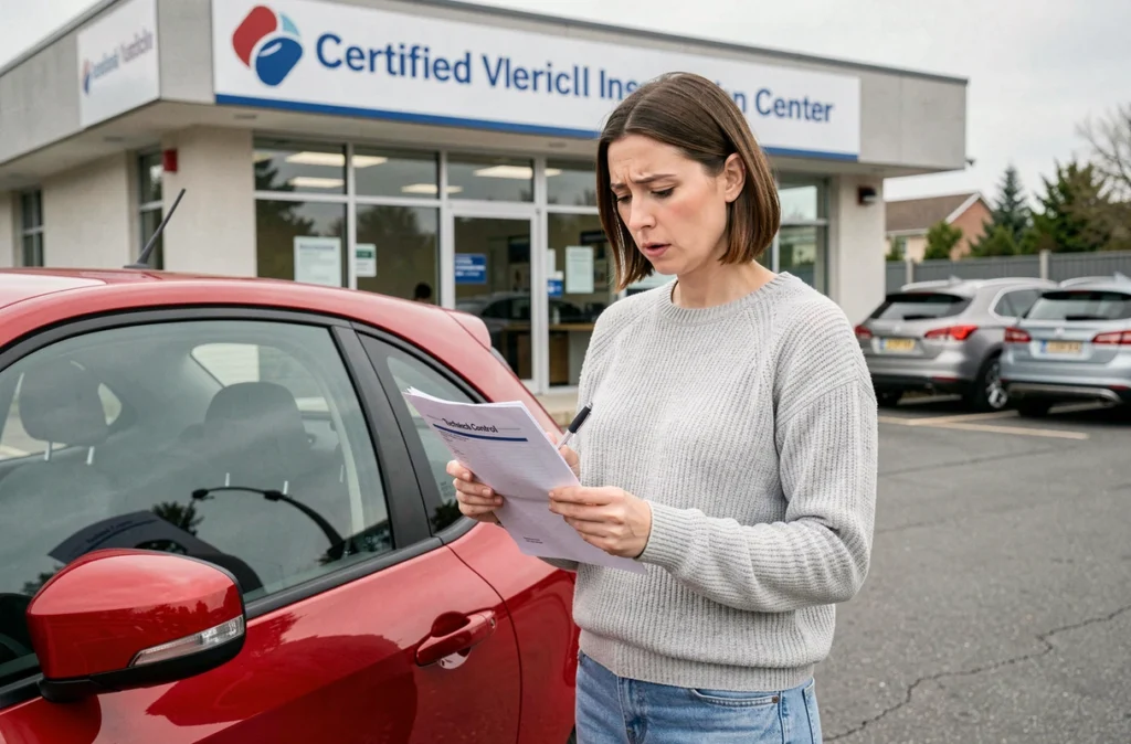 Femme consultant le rapport de contrôle technique de son véhicule devant un centre de contrôle automobile agréé