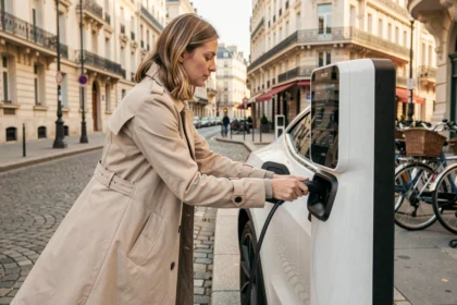Femme chargeant une voiture électrique blanche à une borne de recharge publique dans une rue pavée de Paris
