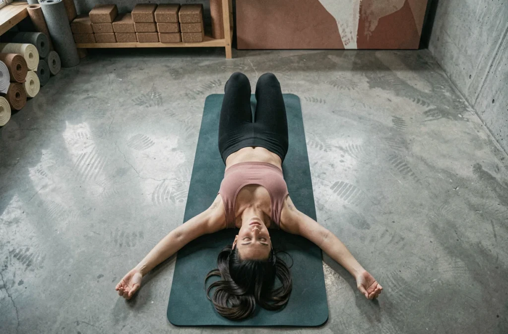 Femme allongée en posture de relaxation savasana sur un tapis de yoga bleu sarcelle dans un studio urbain moderne au sol en béton poli, vue de dessus