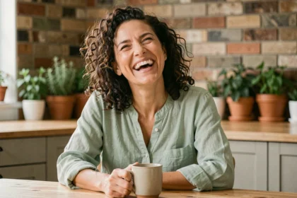 Femme souriante et épanouie dans sa cuisine, illustrant les bienfaits du rire sur la santé immunitaire