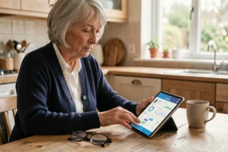 Femme senior utilisant une application d'épargne retraite sur une tablette dans sa cuisine