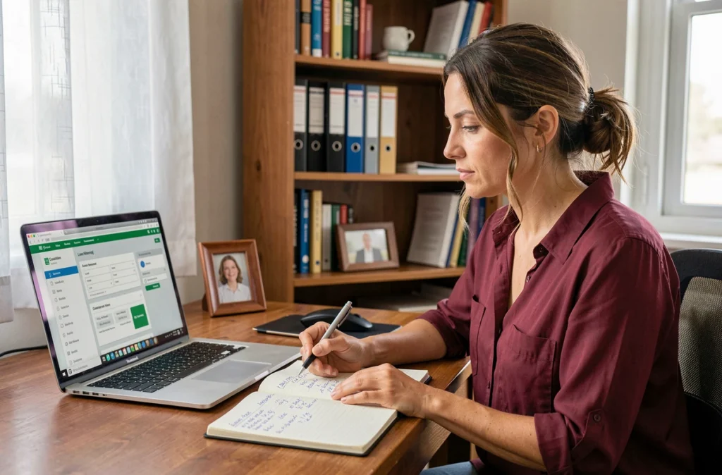 Femme seule simulant un rachat de crédit sur ordinateur dans son bureau à domicile