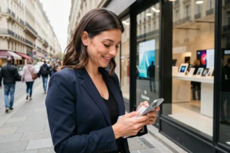 Femme examinant un nouveau smartphone devant une boutique d'électronique à Paris, illustrant la reprise des ventes de téléphones en Europe