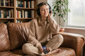 Jeune femme écoutant de la musique en streaming sur son canapé avec un casque audio et un smartphone