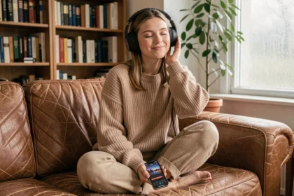 Jeune femme écoutant de la musique en streaming sur son canapé avec un casque audio et un smartphone