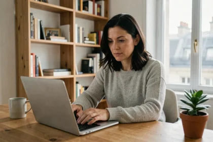 Femme en télétravail dans un appartement parisien, assise à son bureau en bois avec un ordinateur portable ouvert et une tasse de café