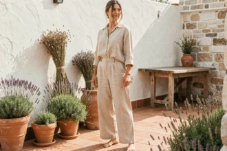 Femme en tenue lin naturel beige sur terrasse méditerranéenne en été