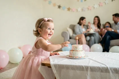 Petite fille de 2 ans en robe rose soufflant une bougie sur un gâteau d'anniversaire coloré lors d'une fête d'anniversaire pour tout-petits