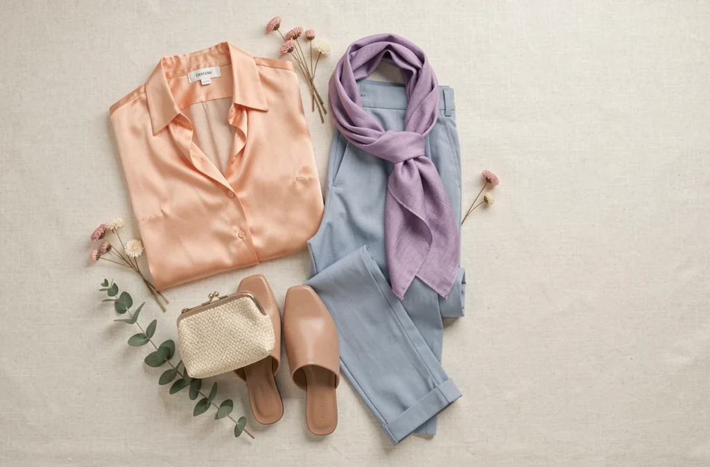 Flat lay de vêtements et accessoires de mode printemps-été en couleurs pastel pêche lilas et bleu poudré sur fond lin crème