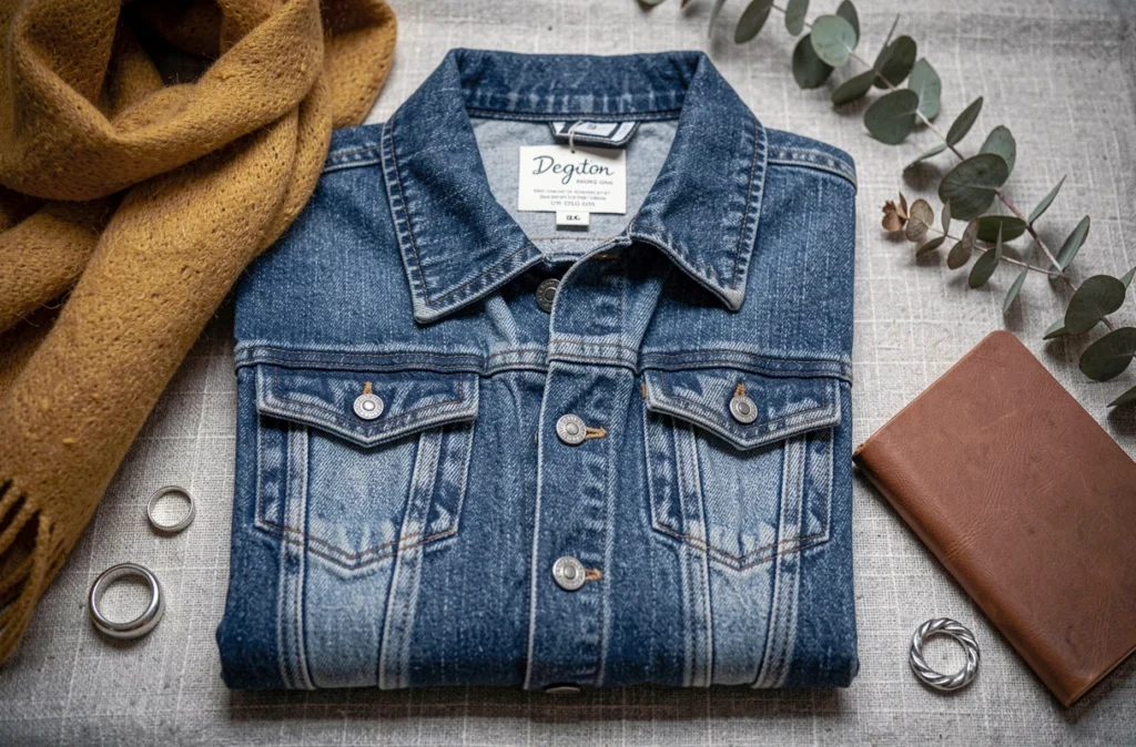 Flat lay éditorial d'une veste en jean avec accessoires d'automne sur fond de lin texturé