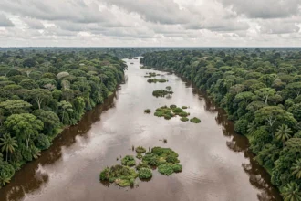 Vue aérienne du fleuve Amazone serpentant à travers la forêt tropicale brésilienne, illustrant sa taille impressionnante
