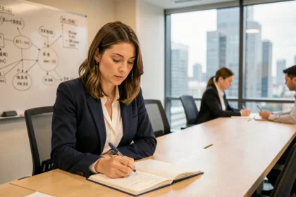 Femme cadre en formation professionnelle prenant des notes dans une salle de réunion moderne d'entreprise