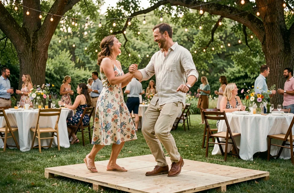 Couple élégant dansant le madison lors d'une garden party estivale en plein air avec décoration florale et guirlandes lumineuses