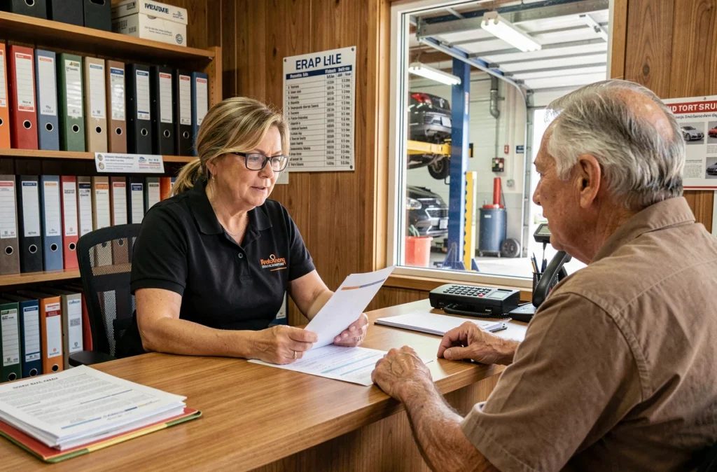 Gérante d'un garage indépendant expliquant un ordre de réparation à un client âgé dans un bureau accueillant et transparent