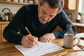 Un homme adulte marque une grille de bataille navale imprimée sur papier, posée sur une table en bois dans une cuisine chaleureuse