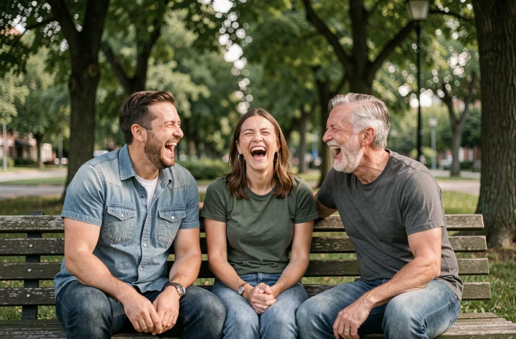Groupe d'amis riant ensemble dans un parc, symbolisant l'effet positif du rire sur le système immunitaire