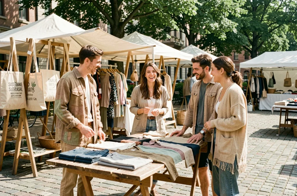 Groupe de jeunes adultes discutant de mode durable lors d'un marché écoresponsable en plein air