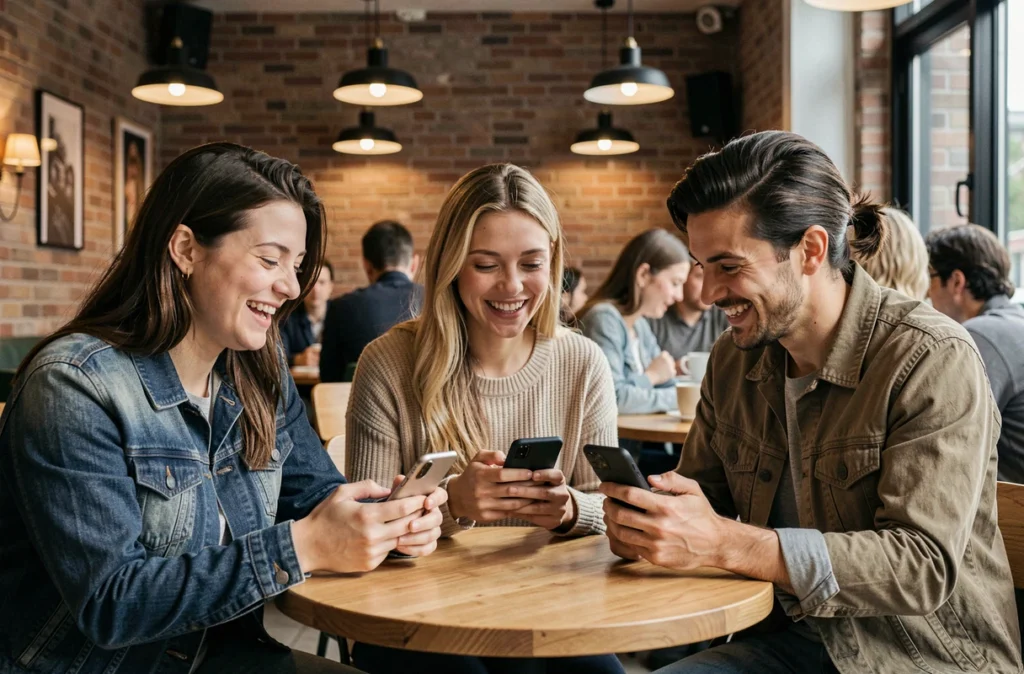 Groupe de jeunes adultes utilisant des smartphones dans un café branché d'Amsterdam, représentant la croissance du marché des téléphones mobiles en Europe