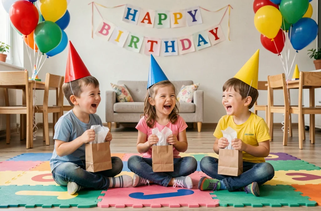 Groupe de trois tout-petits avec des chapeaux de fête colorés assis sur un tapis de jeu lors d'un anniversaire décoré de ballons