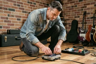 Guitariste ajustant une pédale BOSS RC-30 Loop Station dans un studio de répétition en brique
