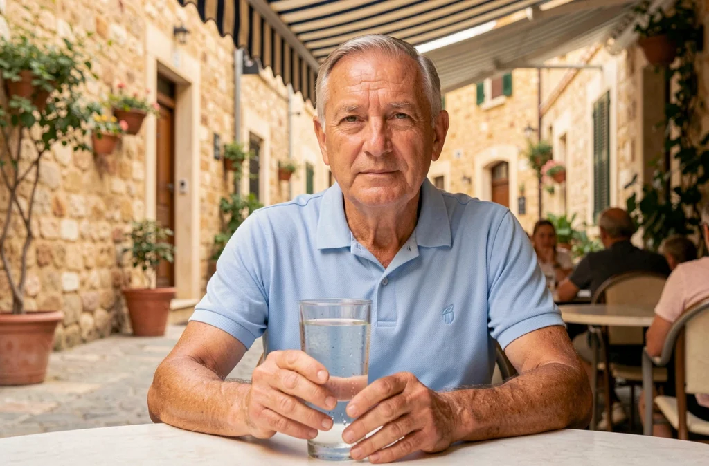Homme âgé se désaltérant avec un grand verre d'eau en terrasse de café par forte chaleur estivale