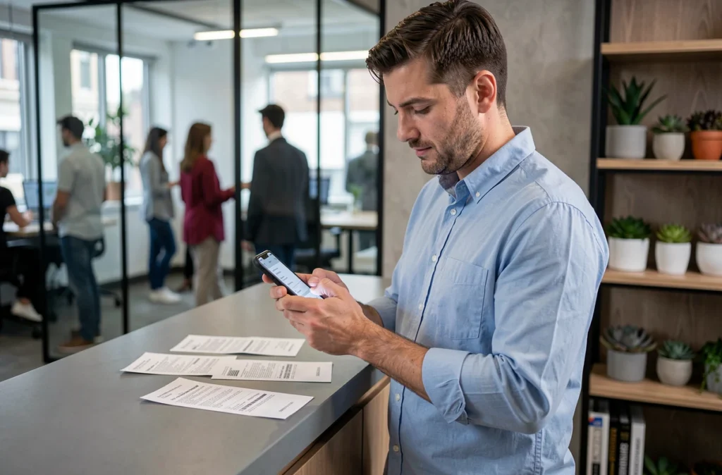 Homme consultant une application de gestion financière sur son téléphone dans un bureau moderne
