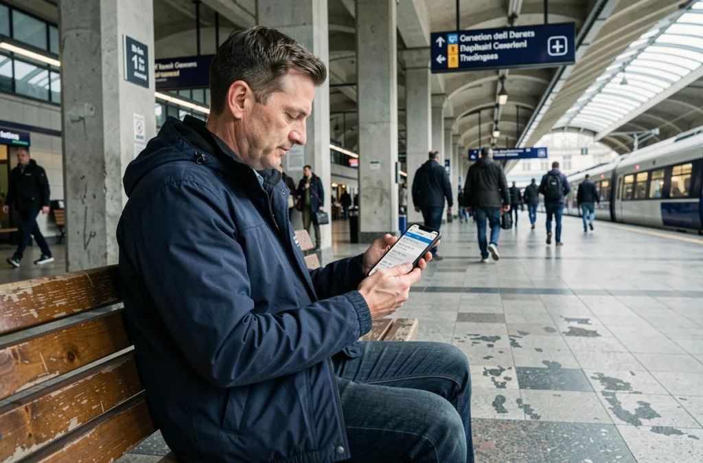 Homme d'une quarantaine d'années utilisant une appli mobile pour vérifier les horaires de la ligne 235 dans une gare
