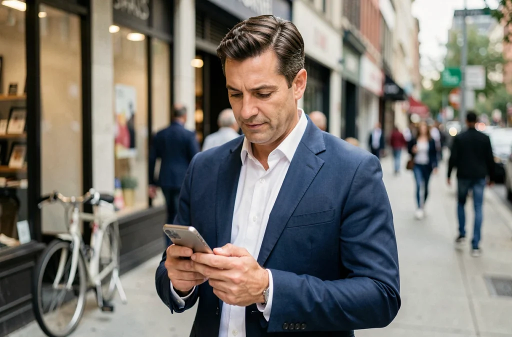 Homme d'affaires vérifiant ses finances sur une application mobile dans une rue commerçante