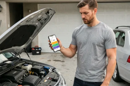 Homme consultant une application de suivi d'entretien automobile sur smartphone devant le capot ouvert de sa voiture dans une allée résidentielle