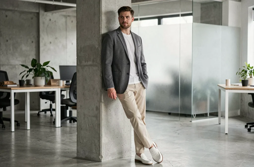 Homme en blazer oversize gris ardoise dans un espace de coworking minimaliste, style casual chic mi-saison