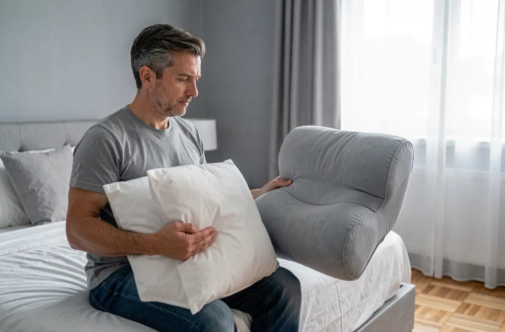 Homme comparant deux oreillers différents assis sur un lit pour choisir le meilleur oreiller contre les cervicales