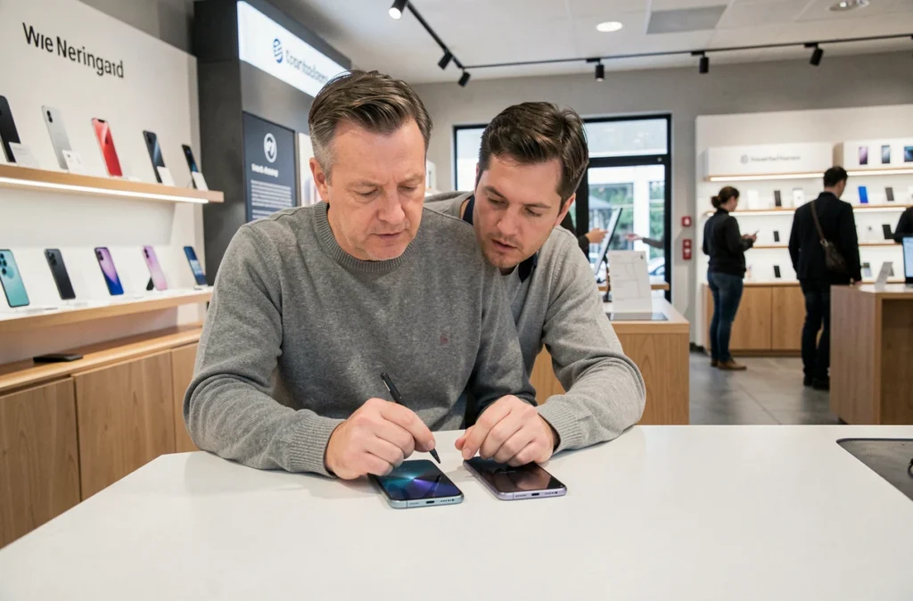 Homme comparant deux smartphones dans un magasin de téléphonie européen, symbolisant la hausse des ventes de mobiles sur le marché européen
