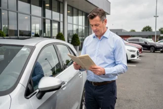 Homme examinant une brochure de véhicule neuf devant une concession automobile moderne grâce à la prime à la conversion