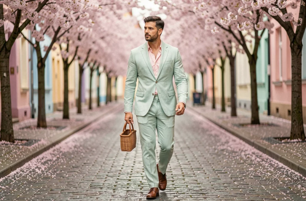 Homme en costume lin menthe et chemise rose pâle marchant dans une rue pavée fleurie pour la collection printemps-été